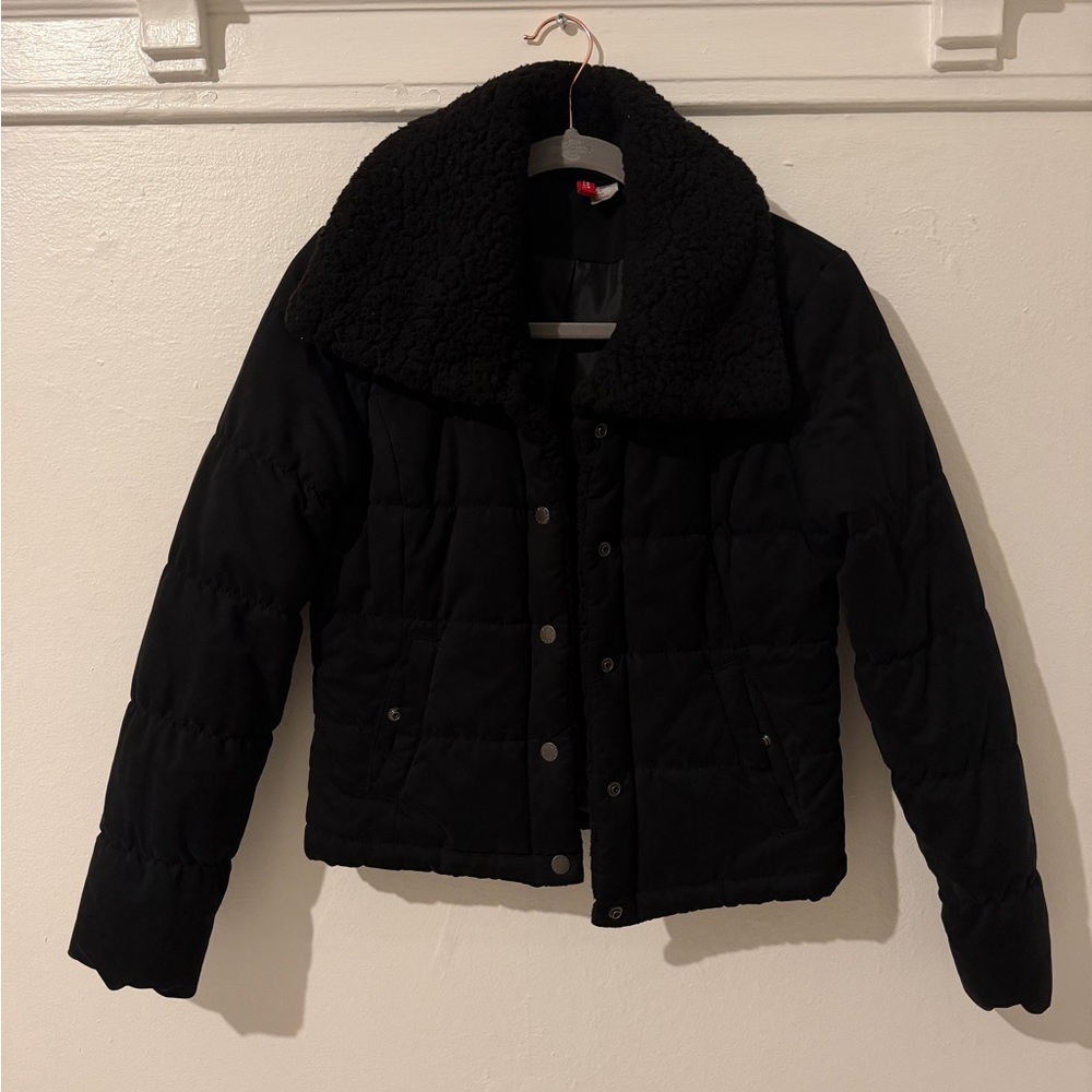 Black Puffer Jacket with Shearling Collar